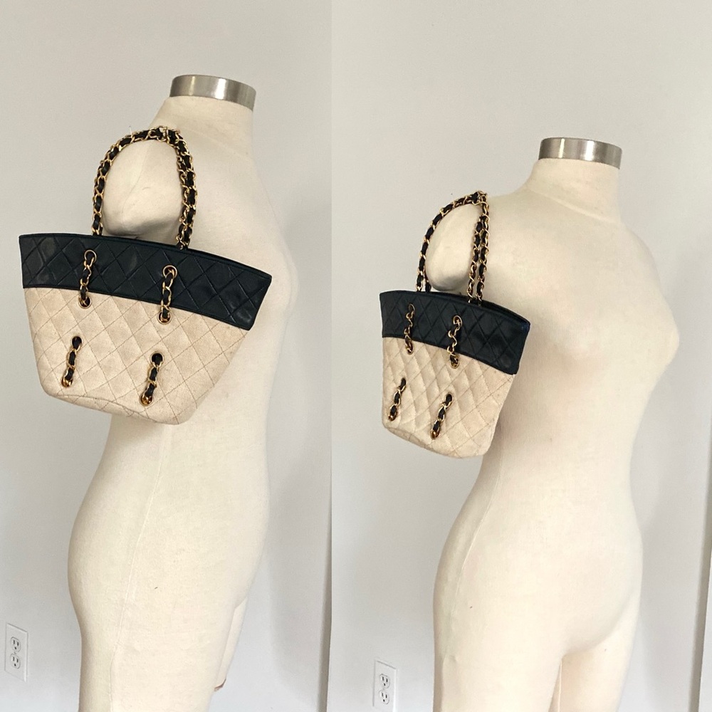 Chanel Vintage Navy Canvas Beige Mini Tote Bag - Picture 3 of 16